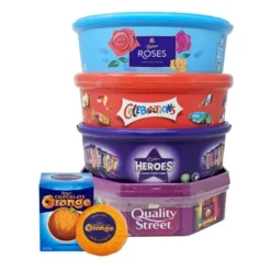 2024 Assorted Christmas Chocolate Tubs Selection – Pack of 5 – Bulk Buy of Roses. Heroes. Quality Street. Celebrations Chocolate Pralines & 1 Terry-s Orange Chocolate with Topline Card for Chocolate Gifts