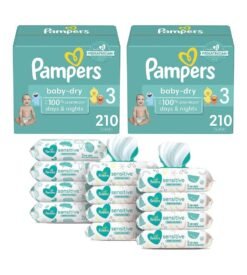 Pampers Baby Dry Disposable Baby Diapers Size 3. 2 Month Supply (2 x 210 Count) with Sensitive Water Based Baby Wipes. 12X Pop-Top Packs (864 Count)